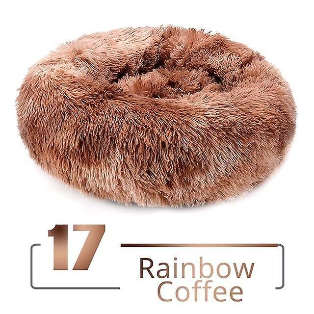 Slowmoose Round Plush Cat Bed House Cat Mat Winter Warm Sleeping Cats Nest, Soft Long M-60cm / Rainbow Coffee