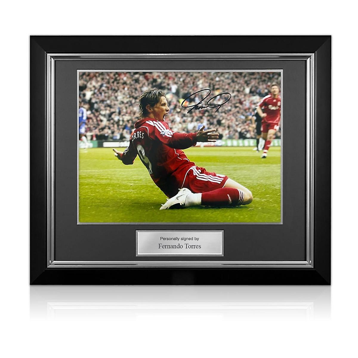 Exclusive Memorabilia Fernando Torres Signed Liverpool Football Photo: Knee Slide. Deluxe Frame