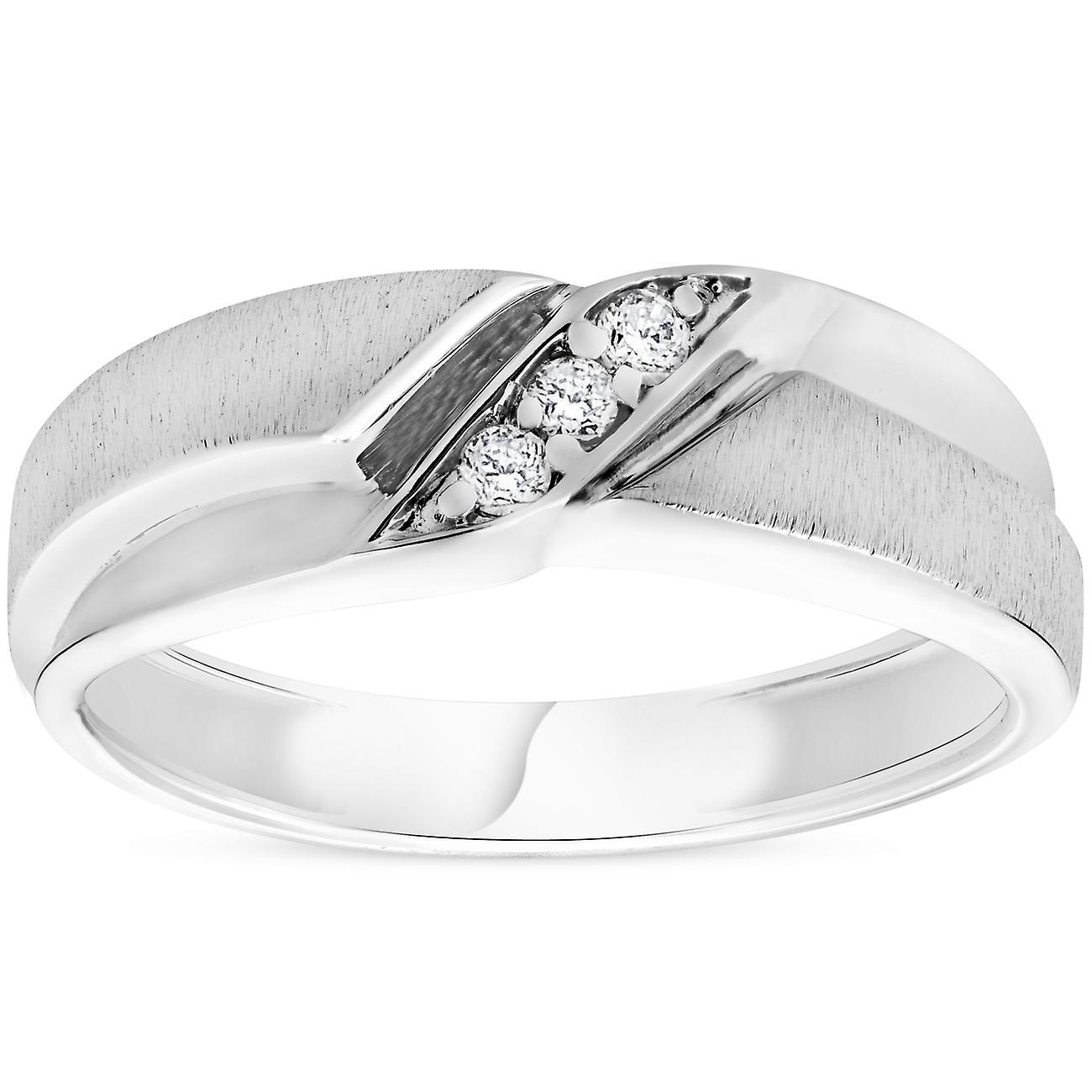 Pompeii3 Mens 1/10ct White Gold Diamond Ring Contour Brushed Three Stone Wedding Band 12