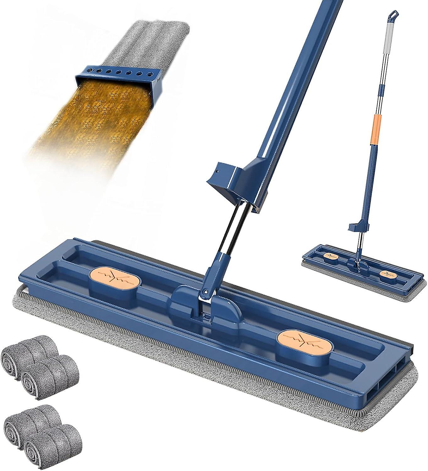 Frusde Large Flat Mop Set, 360 Swivel Mop With Wring Function, Floor Mop Set Flat Mop With Reusable Microfibre Mop Pads Blue - with 4 Mop Pads