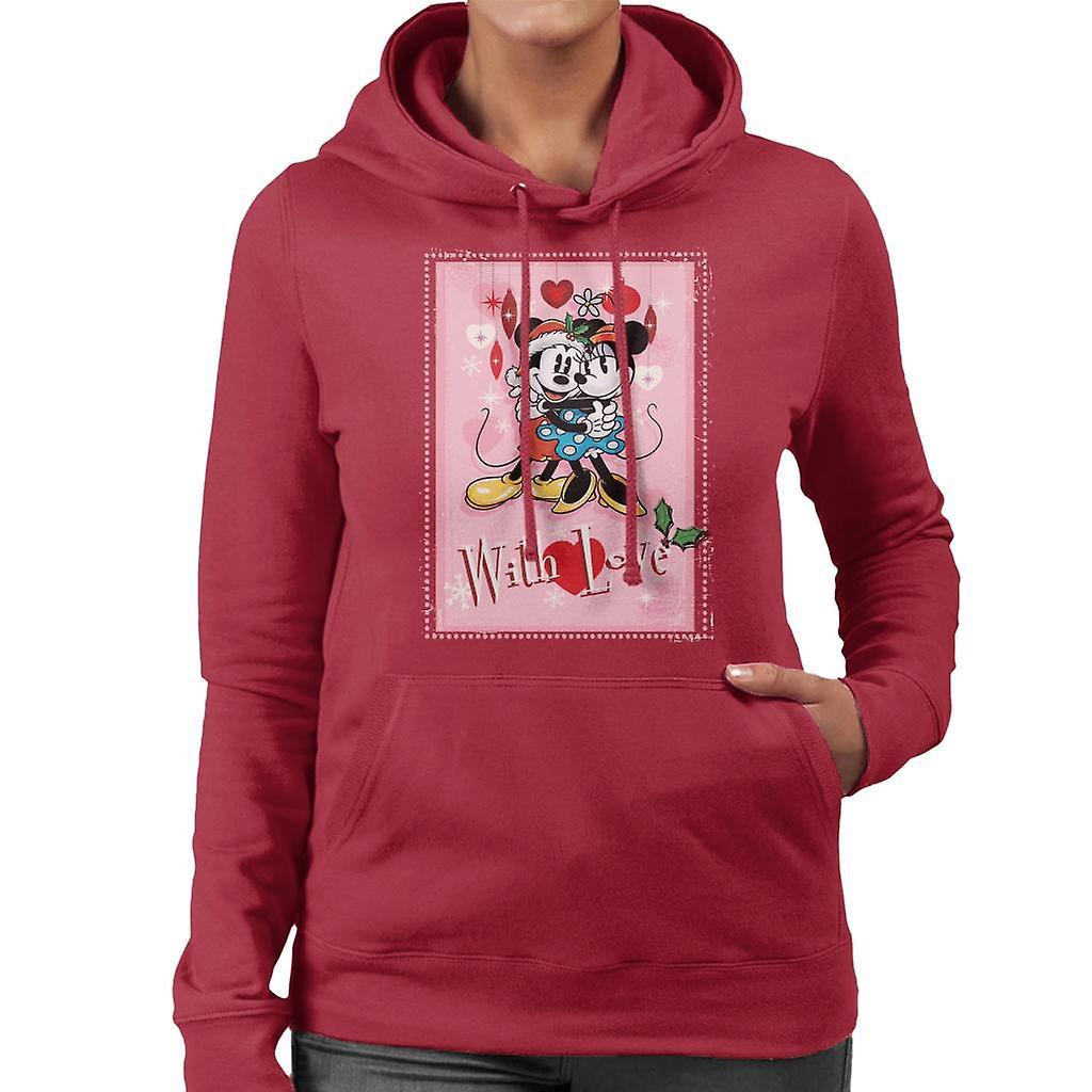 Disney Christmas Mickey And Minnie Mouse With Love Women's Hooded Sweatshirt Cherry Red Small