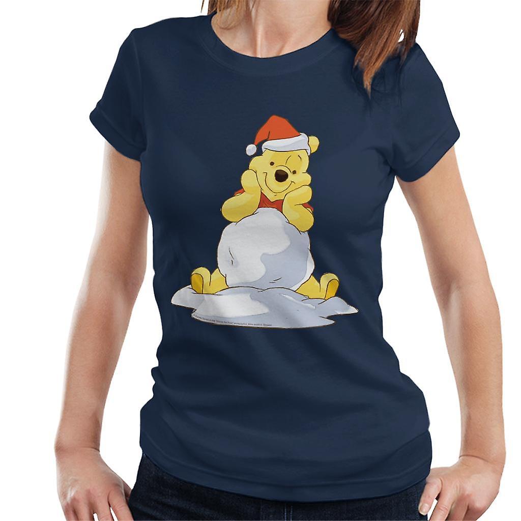 Disney Christmas Winnie The Pooh In The Snow Women's T-Shirt Navy Blue Small