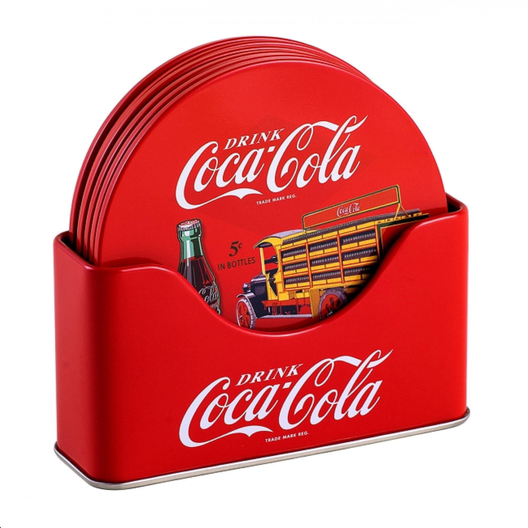 Famous Brands Coca-Cola Retro Art Tin Coaster Set With Holder 6-Pack Red