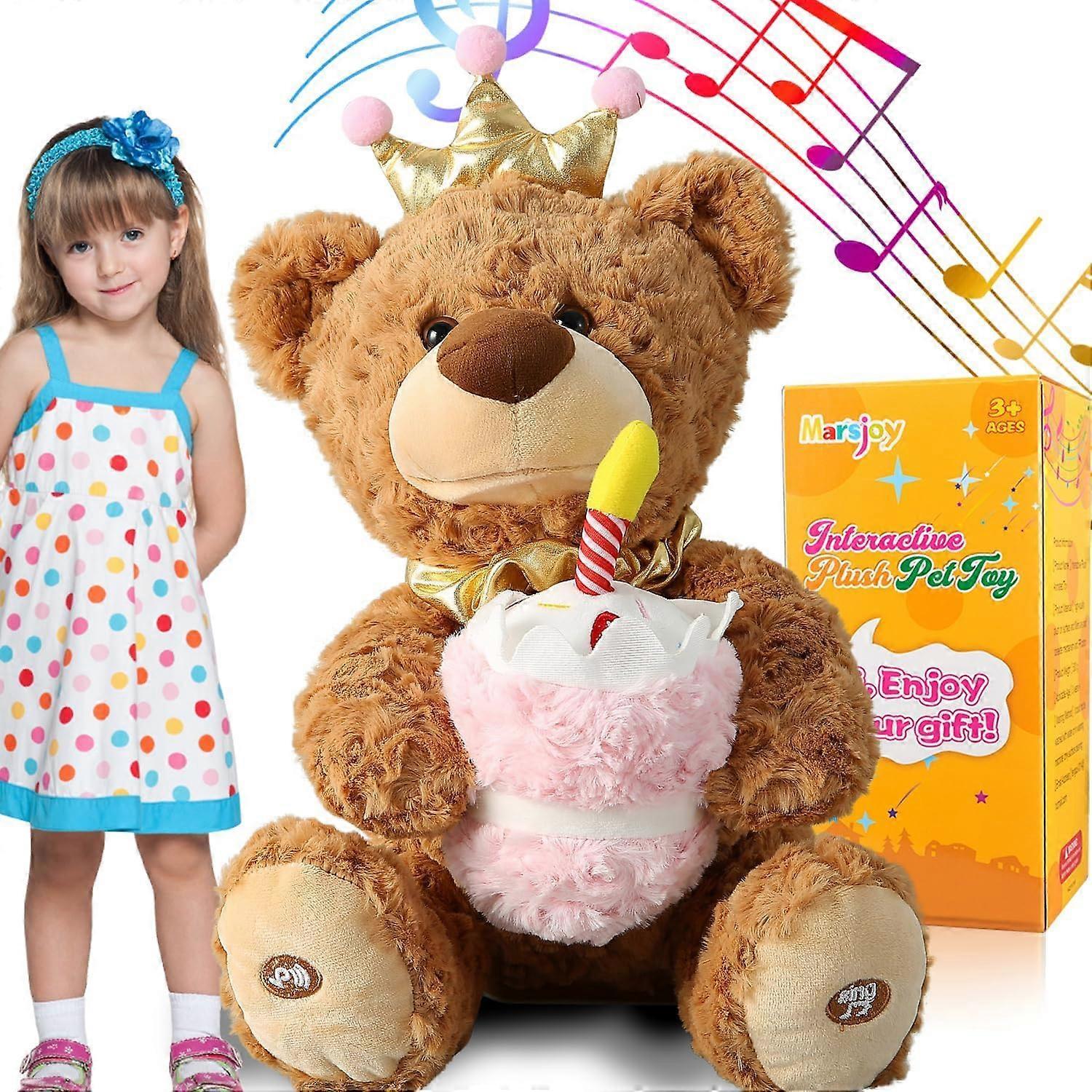 Heyone Musical Happy Birthday Teddy Bear with Glowing Cupcake, Animated Plush Toy Singing Dancing Talking Plush Bear Repeating