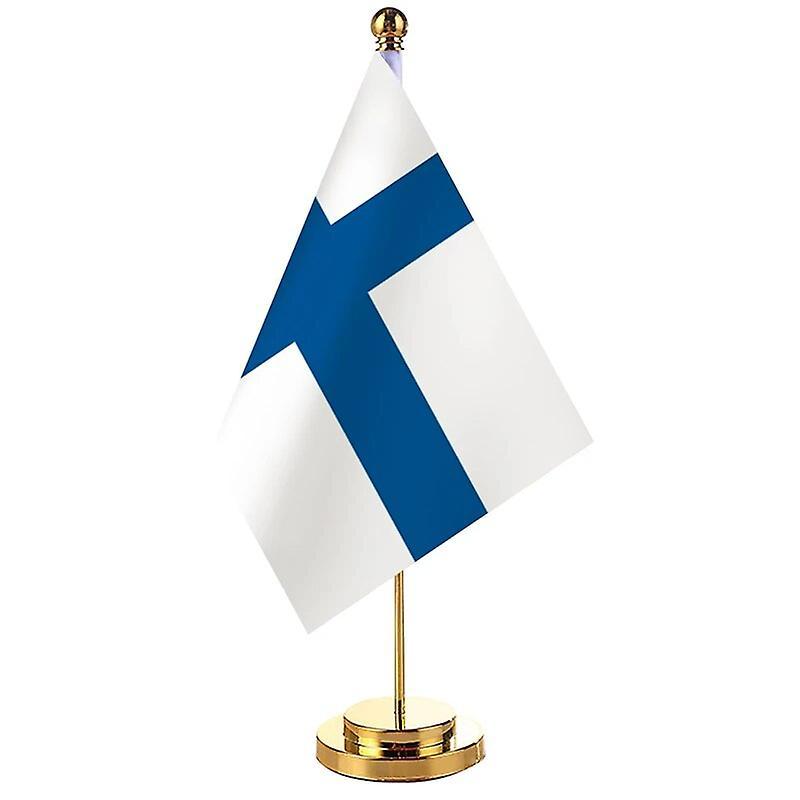 Scitoo 14x21cm Mini Flag Of Finland Banner Meeting Boardroom Table Desk Stand Stainless Steel Pole The Finnish Flag National Design Finland Gold