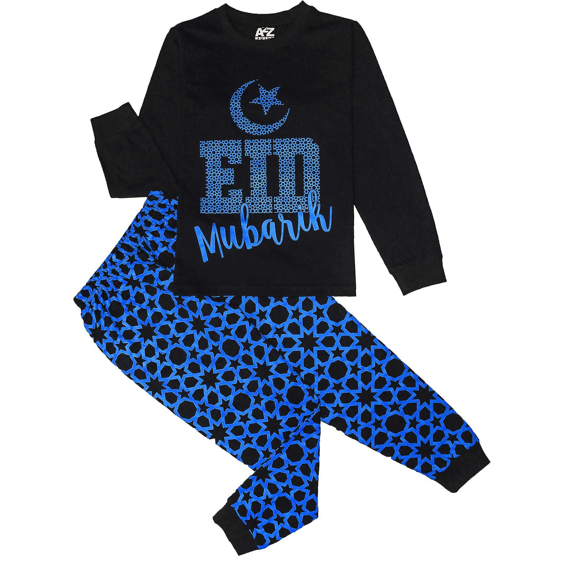 A2Z 4 Kids Kids Girls Boys Pyjamas Eid Mubarik Print Lounge Suit Pjs Top Bottom Set Black & Blue 3-4 Years