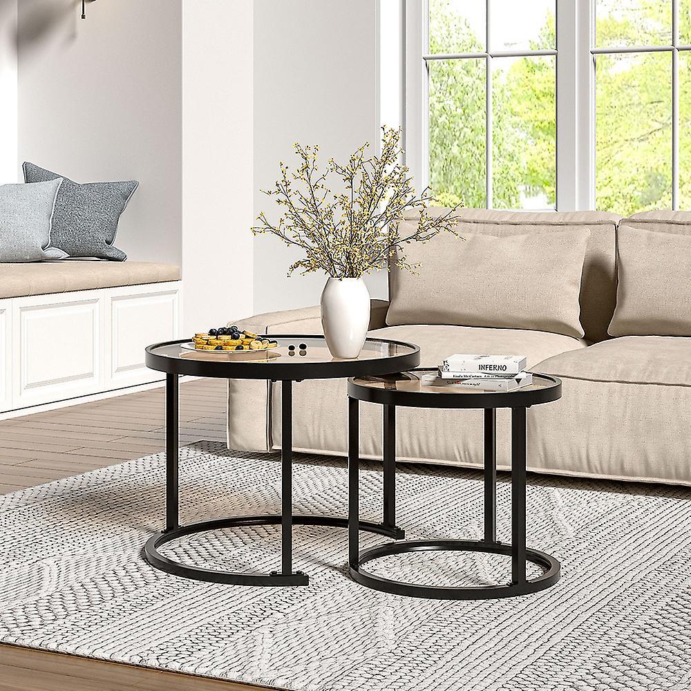 Living And Home Set of 2 Tea Glass Round Nesting Coffee Table - Black