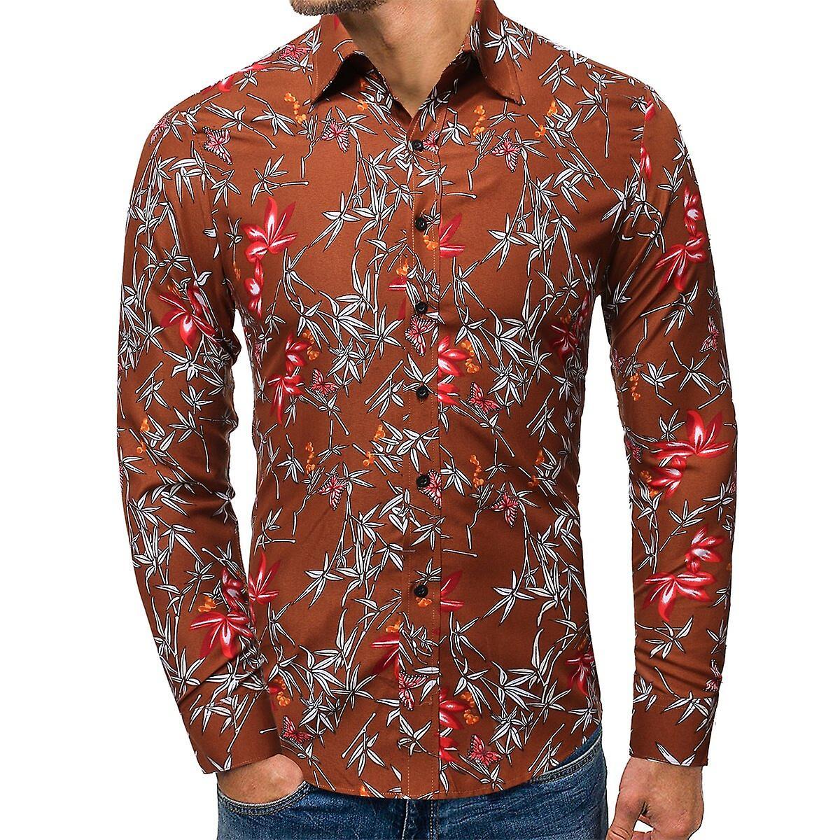 Allthemen Mens Four Season Floral Lapel Long Sleeve Shirt Light Brown 2XL