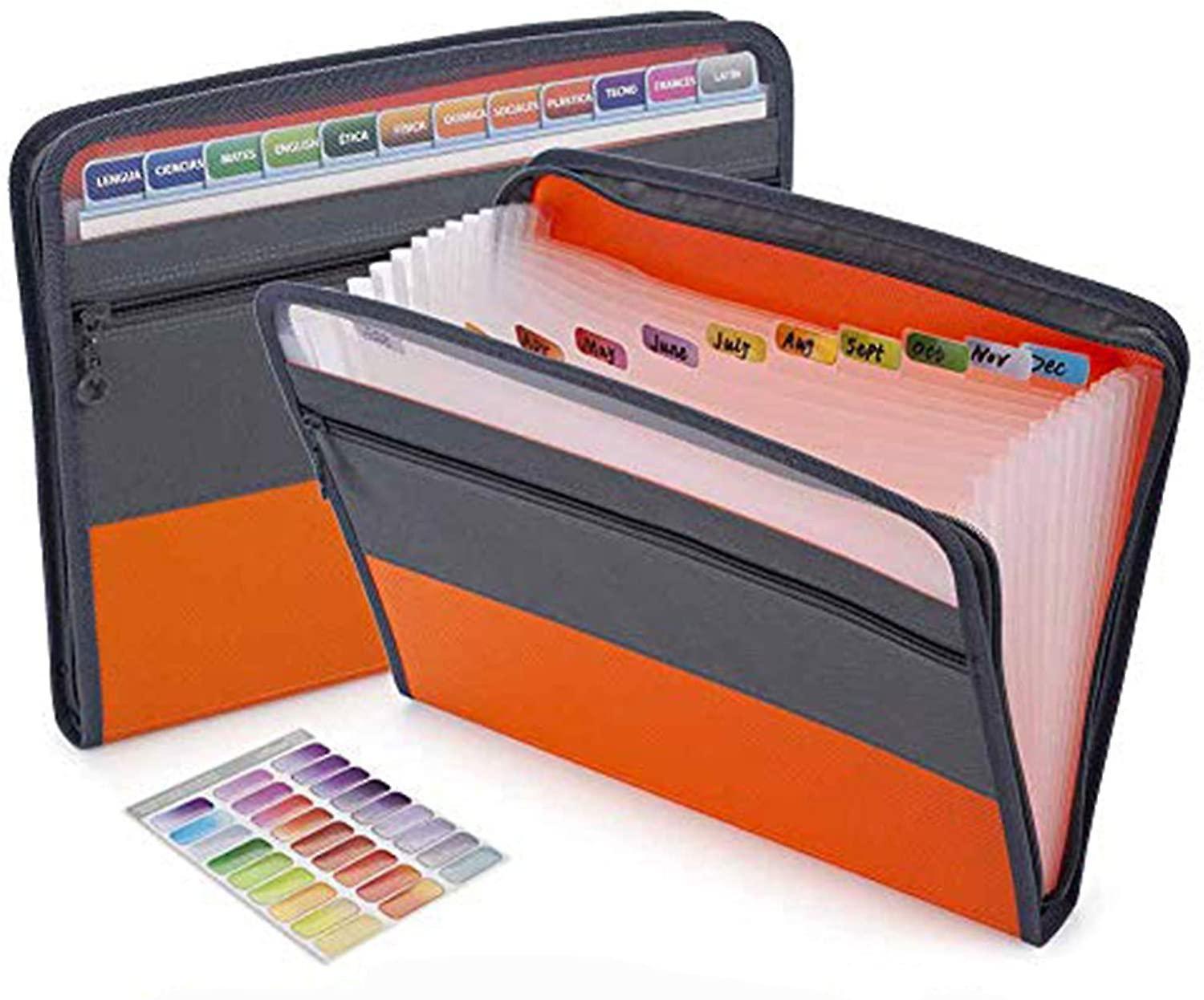 unbrand Orange 13 Pocket Expanding File Folder With Sticky Labels, Accordion File Folder Document Organizer