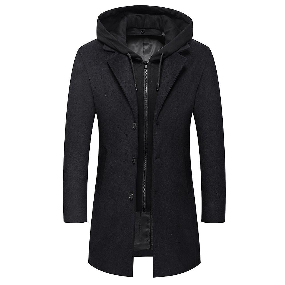 Sliktaa Mens Slim Fit Wool Coat Elegant Removable Hood Trench Overcoat Black M