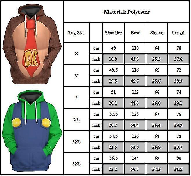 Jxlgv Mario Luigi Peach Bowser Donkey Kong Costume Adults Unisex Hoodies Sweatshirts Super Brothers Movie Hooded Pullover Cosplay Costumes L