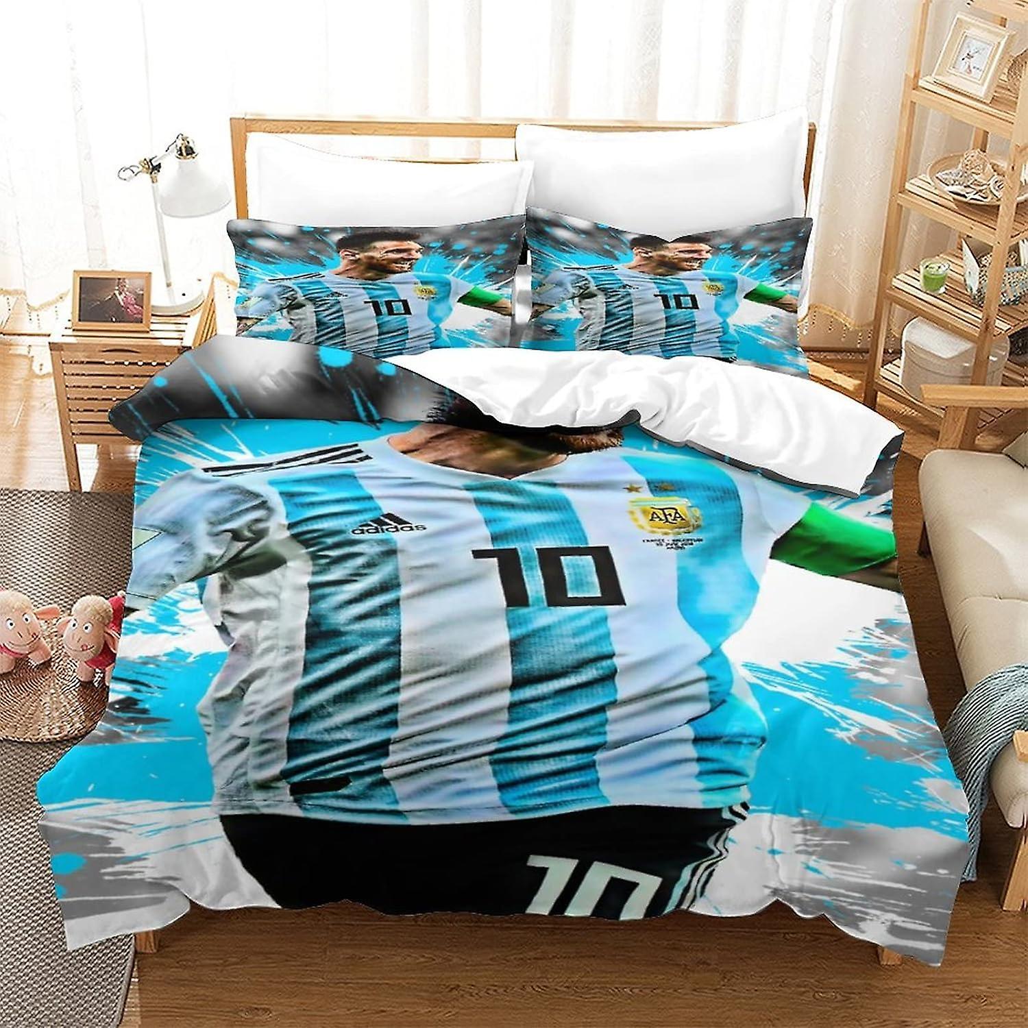 Kerota Lionel Messi Argentina Football Player Bedding Set Soft Microfiber Kids Duvet Cover Set with Zipper Closure,King 135*200 CM Single135x200cm