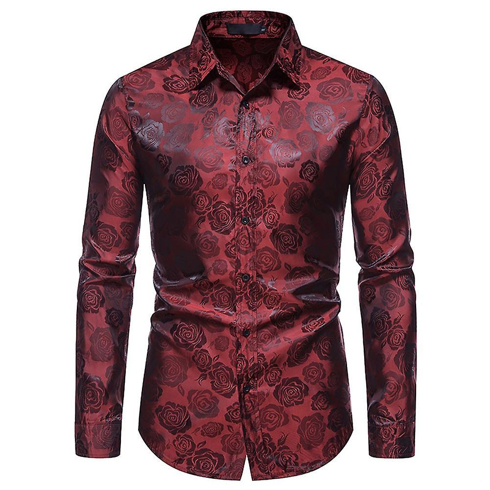 Allthemen Mens Casual Slim Lapel Rose Floral Long-sleeved Shirt Burgundy M