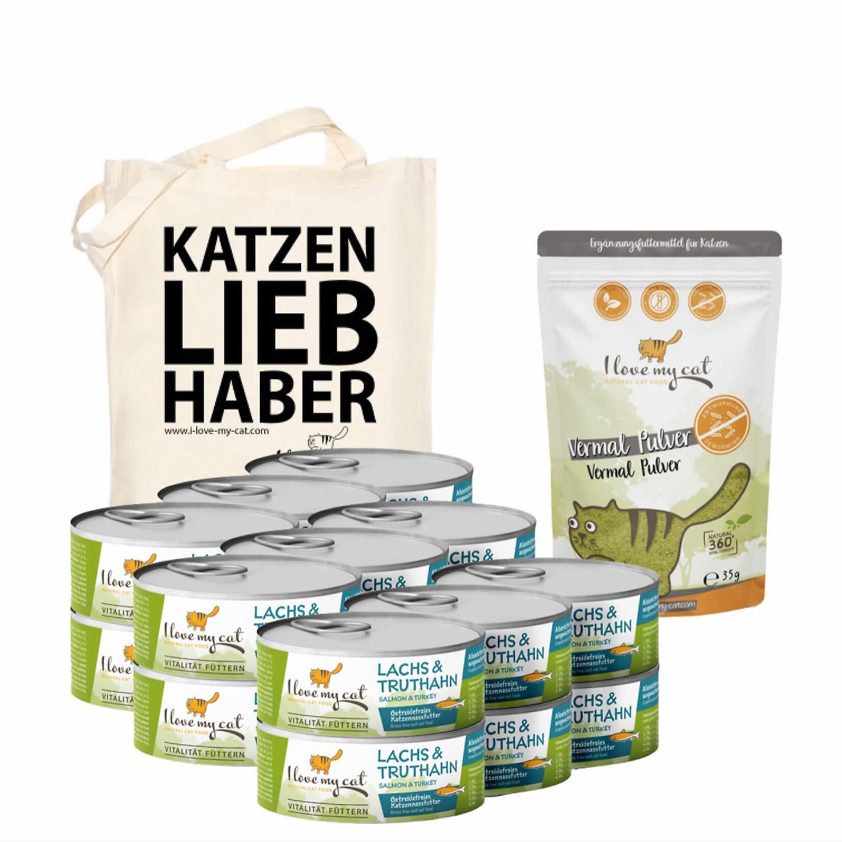 Economy set for cats with Giardia - 18 cans of wet food with turkey and salmon 100g + Vermal powder 35g + 1 jute bag from I love my cat