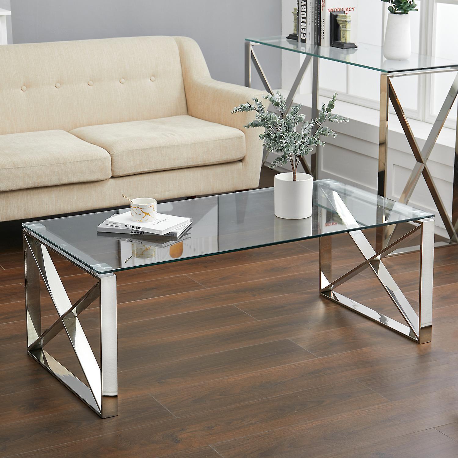 Living And Home Coffee Table Modern Tempered Glass Side Table with Chrome Base for Offices Living Room 120cm