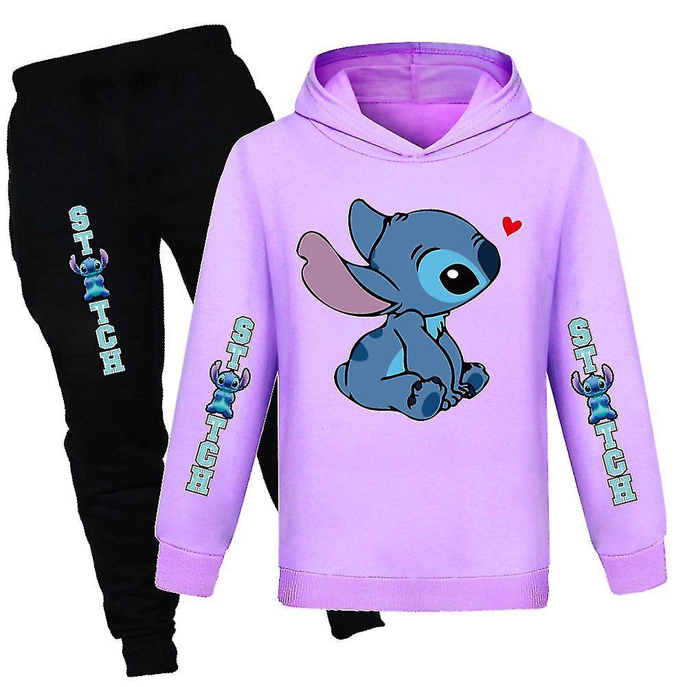 Hcankcan Lilo & Stitch Print Kids Tracksuit Set Boys Girls Casual Hooded Sweatshirt Hoodie Jogger Pants Outfit Activewear Suit Purple 9-10 Years