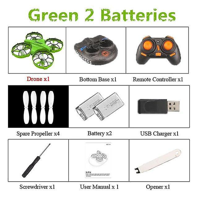 Slowmoose Jjrc H94 2.4g, 6 Axis, 3 In 1 Sea, Land, Air Rc Quadcopter Drone Green 2 Batteries