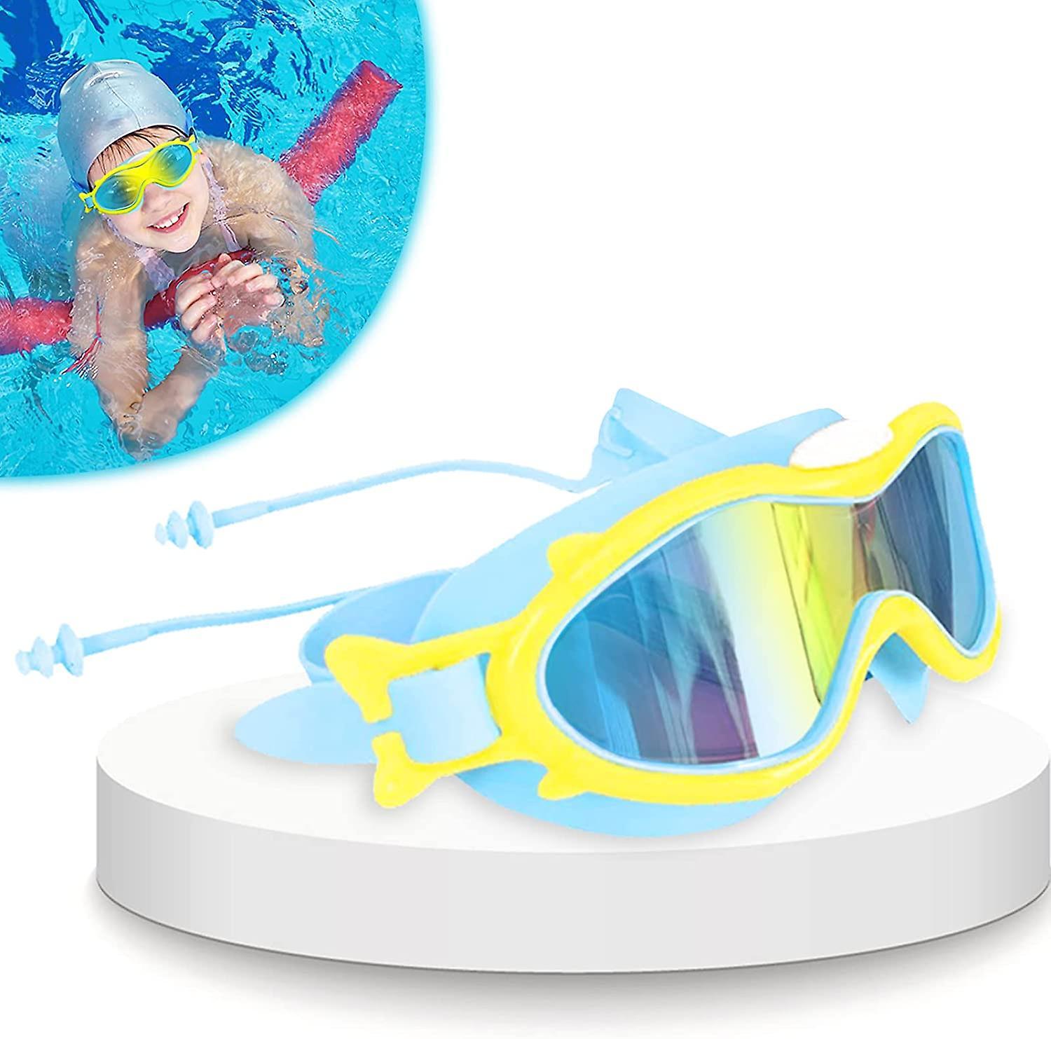 Fongwan Kids Swimming Goggles (4-16 Years), Leak Proof And Uv Protection Swimming Goggles For Kids, With Ear Plugs And Nose Clip Blue-Yellow