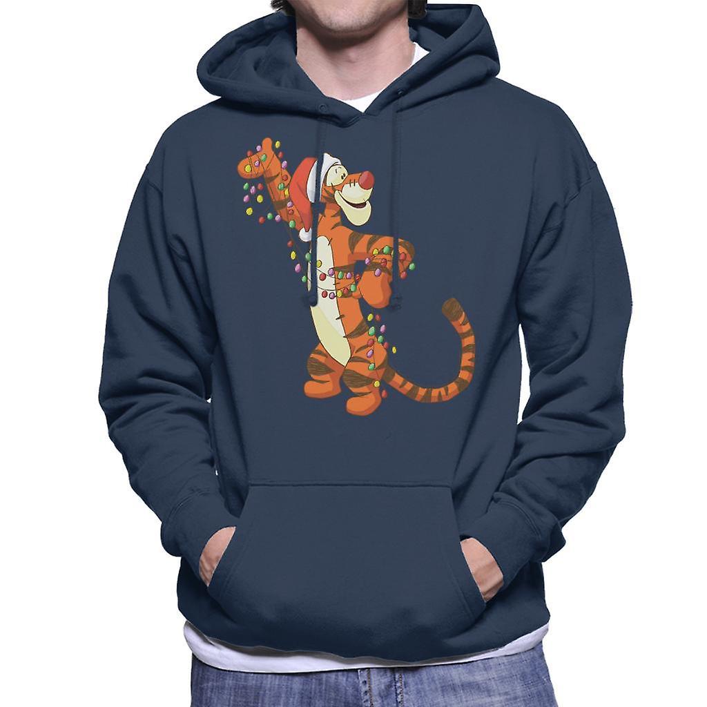 Disney Christmas Tigger Holding Festive Lights Men's Hooded Sweatshirt Navy Blue XX-Large