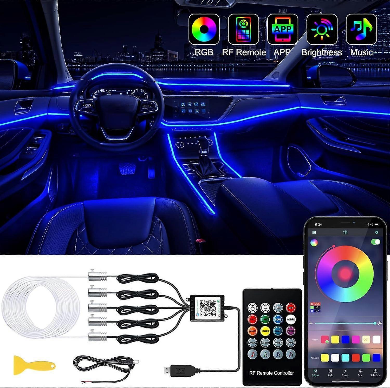 Heyone Interior Car LED Strip Lights with Wireless APP and Remote Control, RGB 5 in 1 Ambient Lighting Kits with 236 inches Fiber Optic