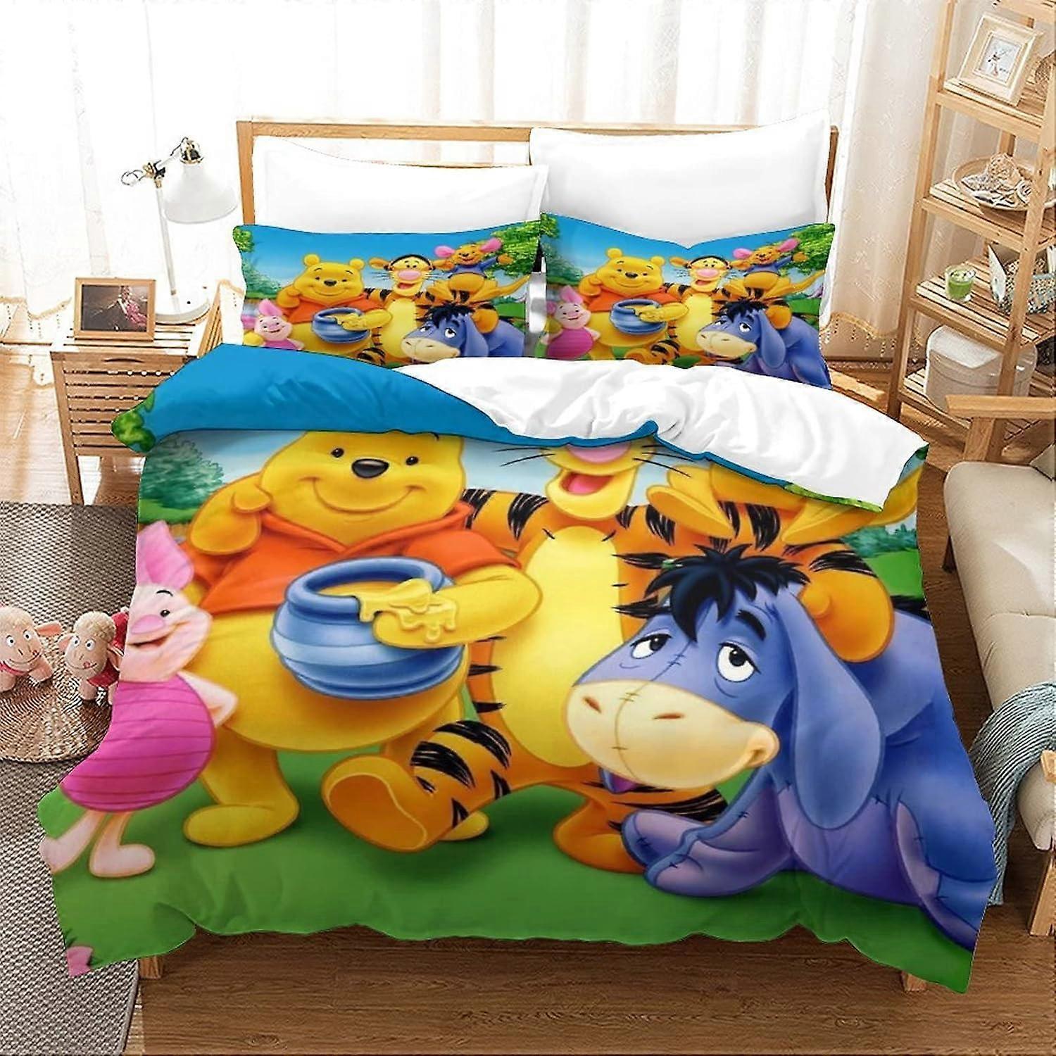 Kerota Winnie The Pooh Duvet Cover with Pillowcases Animated Characters Print Bedding with Zipper Closure Soft Microfiber Double Duvet Cover Double...