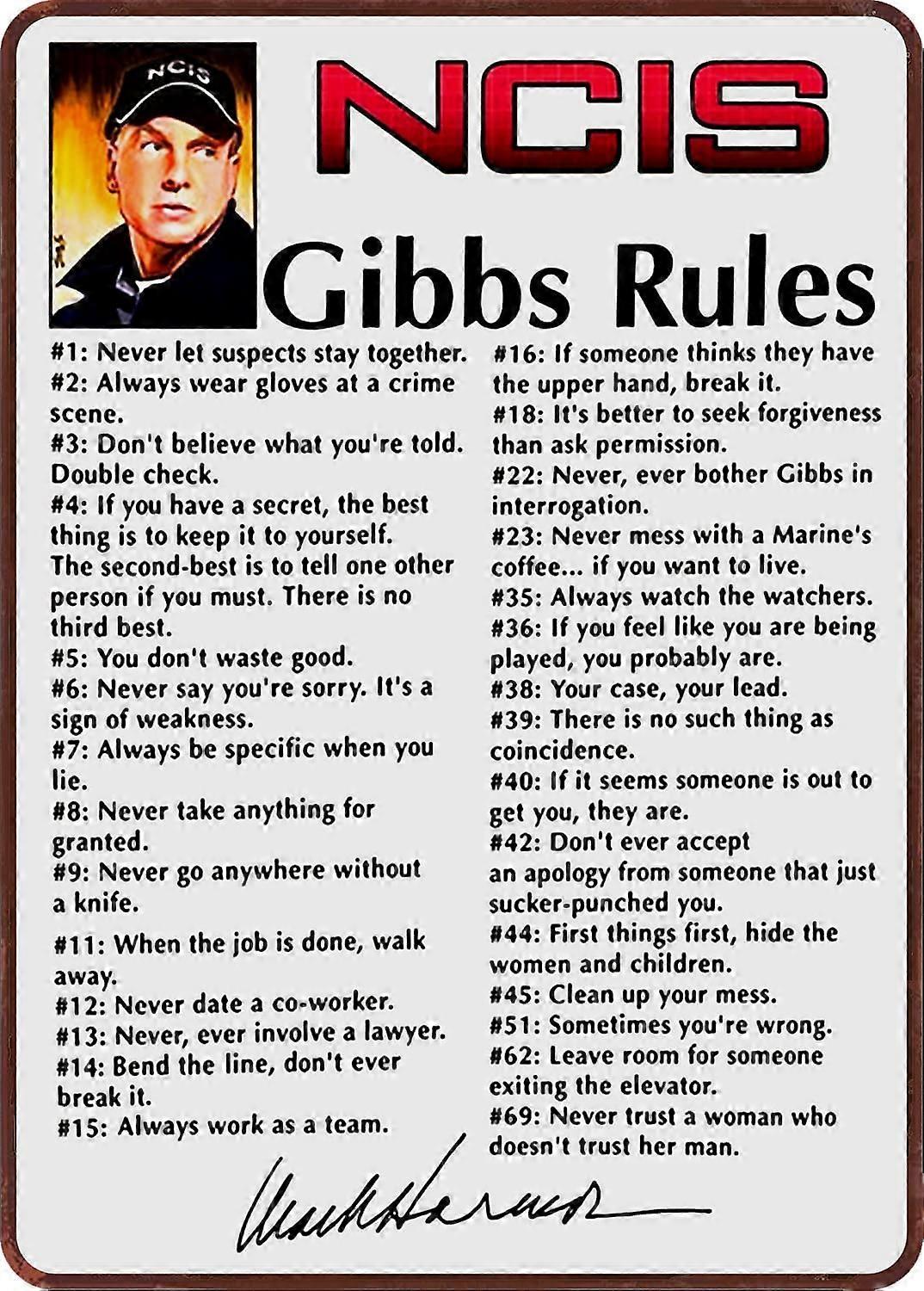 LINCMAN NCIS Gibbs Rules Leroy Jethro Gibbs Signature Funny 69 Rules Tin Metal Sign for Man Cave Shop Bar Pub Wall Decor 8x12 Inches A001 8X12 Inch