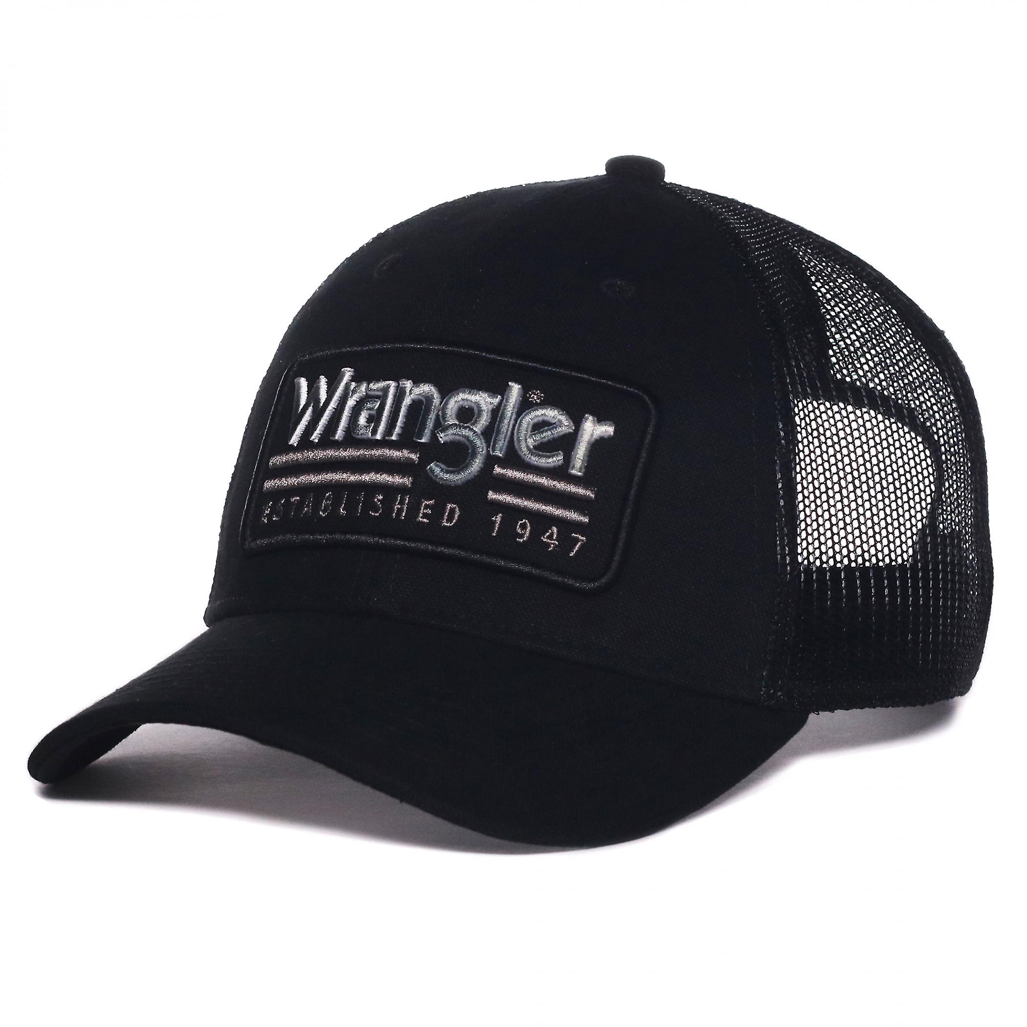 Famous Brands Wrangler Logo Established 1947 Patch Pre-Curved Adjustable Trucker Hat Black