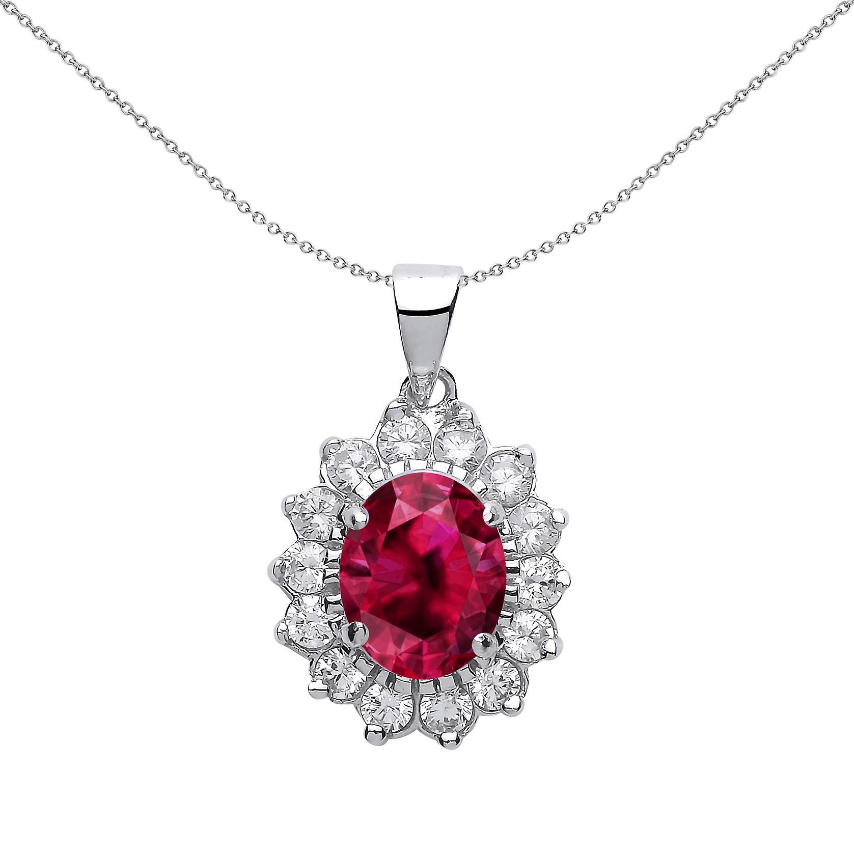 Silver  Red Oval CZ Royal Cluster Pendant Necklace 18 inch - GVP216RU