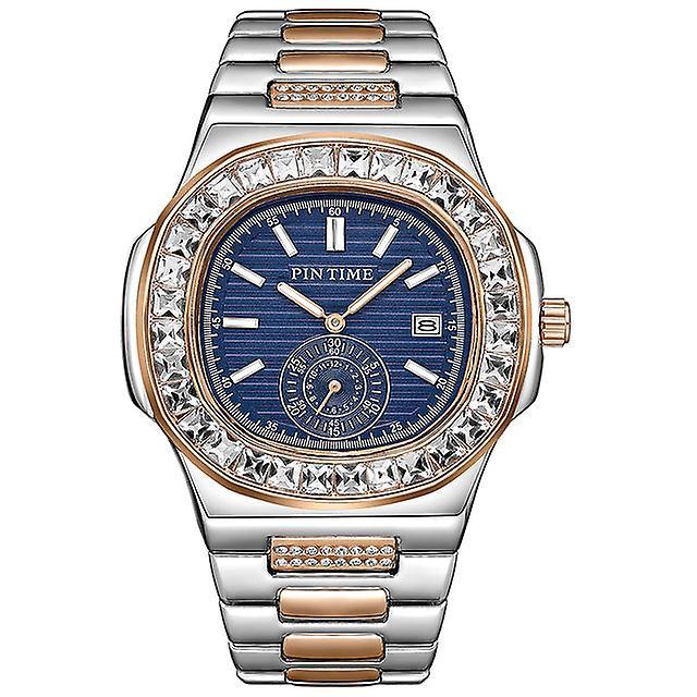 mickcara Pintime iced out watch for men fashion bling luxury diamond waterproof luminous stainless steel quartz wristwatch relogios reloj Rose blue