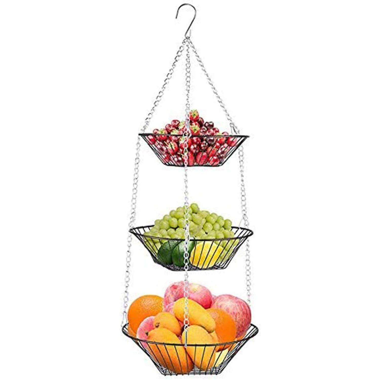 Hrhmv 3-Layer Hanging Fruit Basket Metal Vegetable Basket with Ceiling Hook Fruit Net Hanging Hanging Kitchen Basket Fruit Hanging Basket Kitchen u...