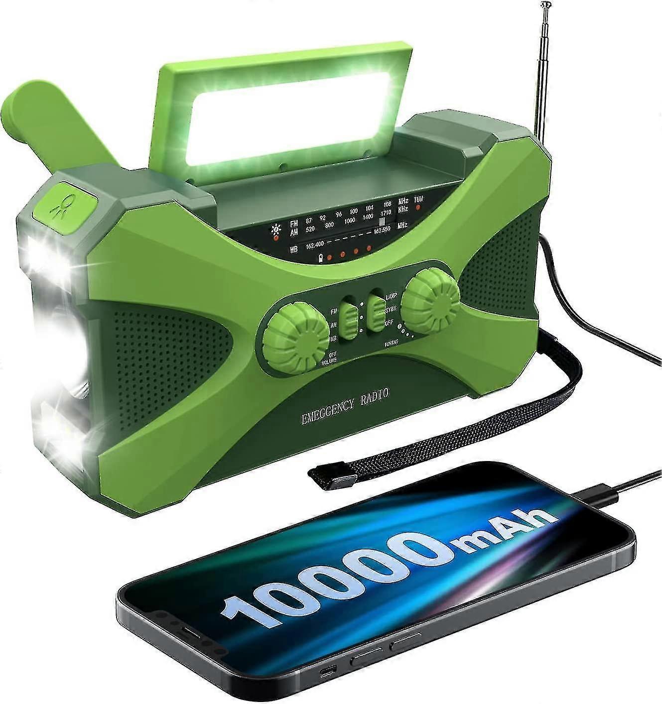 Asiv 10000mah Emergency Radio, Solar Hand Crank Radio, Portable Am/fm/noaa Weather Radio With Phone Charger Flashlight Green