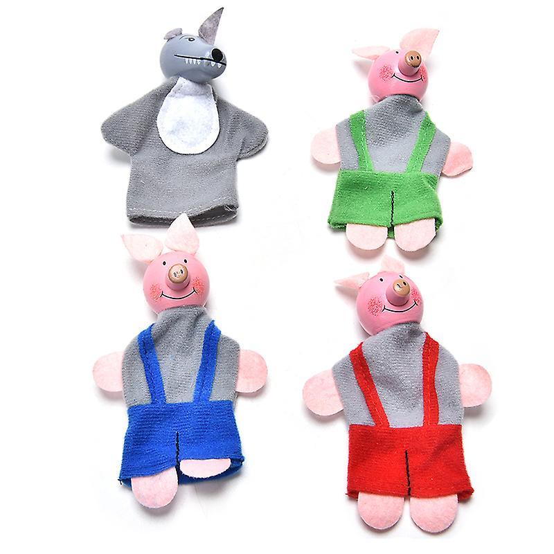 Unbrand 4 Pcs/set Three Little Pigs Finger Puppets Wooden Headed Baby Educational Toy Color Random