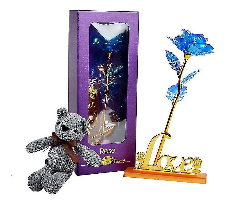 Tianzun Forever Rose Gift For Her, Artificial Colorful Rose Flowers With Cute Bear Plush Gift Box Valentine's Day Gift Blue