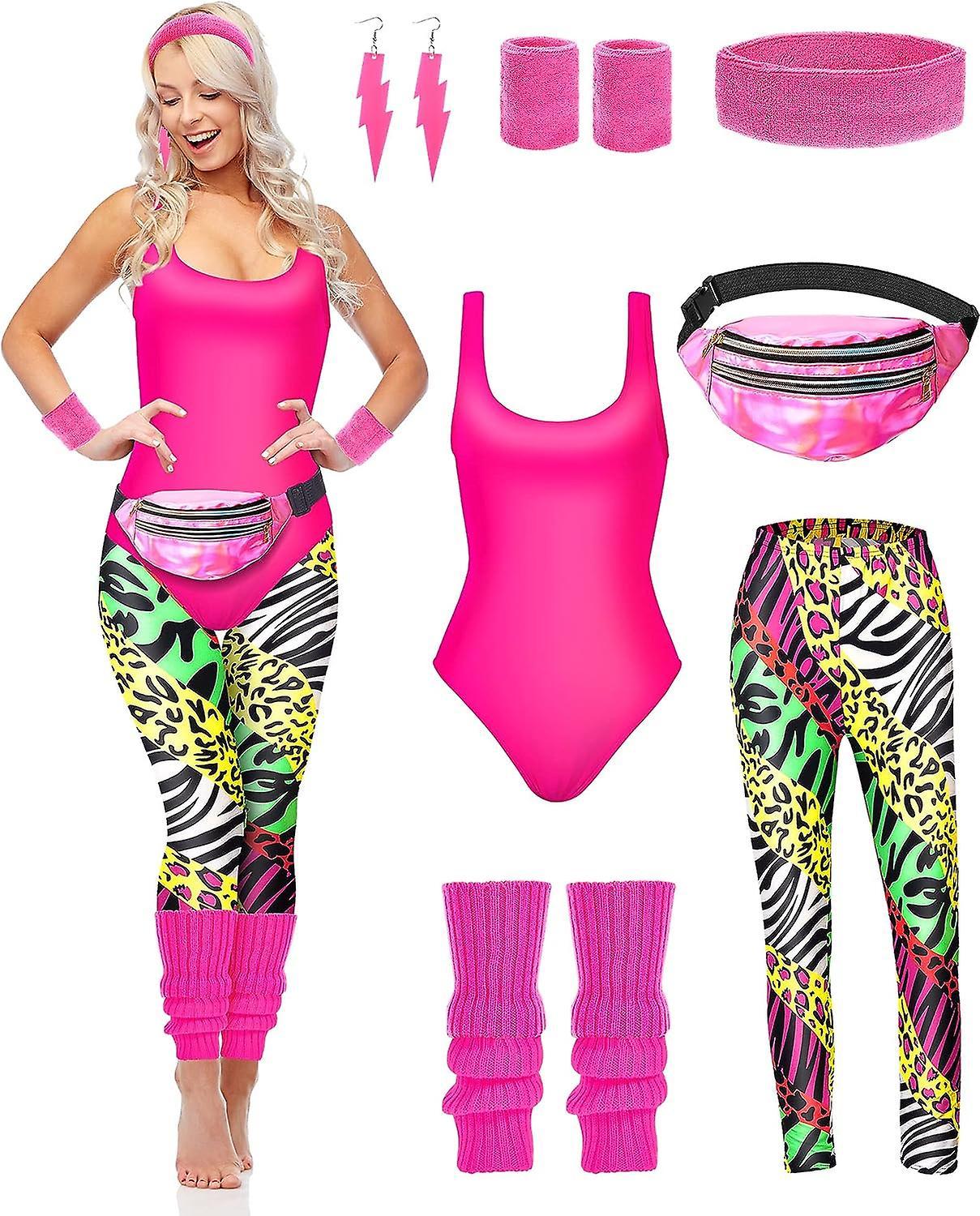 Maromalife 7 Pcs 80s Workout Costume 80s Accessories Set 80s 90s Leotard Legging Headband Wristbands Leg Warmers Earrings Fanny Pack Zebra Print X-...