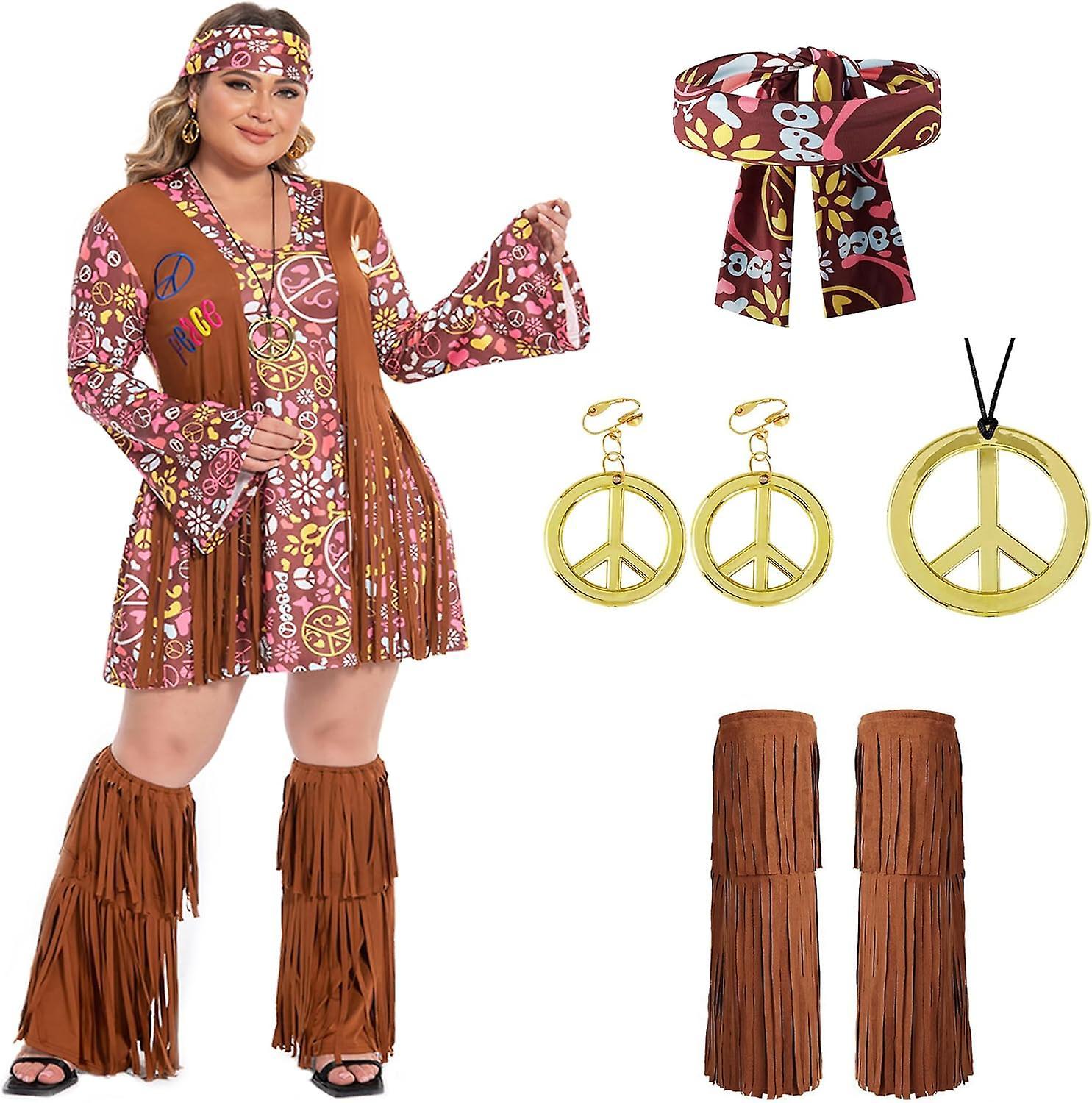 Maromalife Plus Size Hippie Costume Women 60s 70s Disco Outfits Halloween Party Dress Set Khaki 20-22