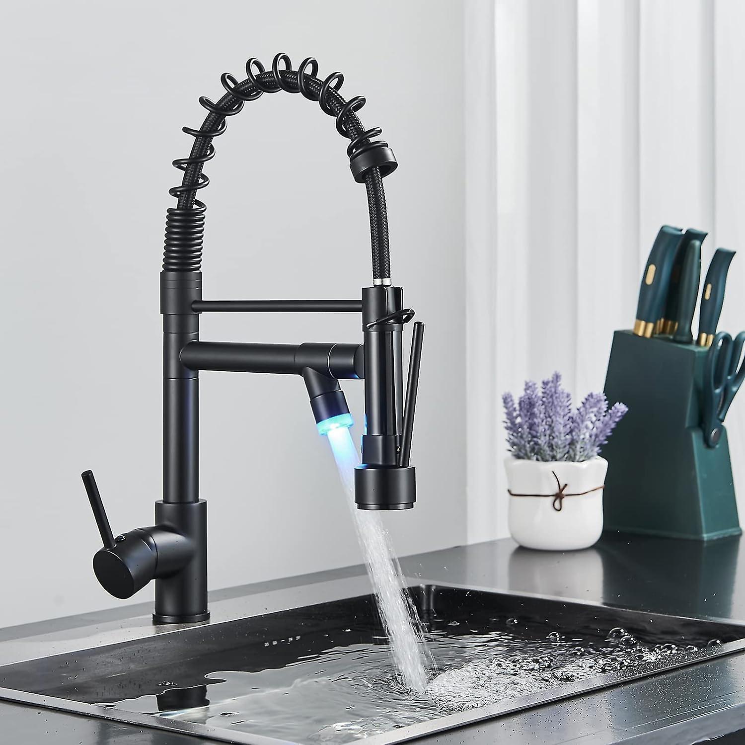 Huxmotor Commerical Kitchen Faucet With Pull Down Sprayer, Single Handle Kitchen Sink Faucet With Led Light 2 Spout Black