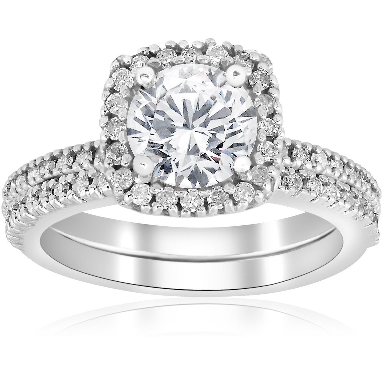 Pompeii3 1 1/5ct Diamond Cushion Halo Engagement Ring Wedding Band Set 14k White Gold 4.5