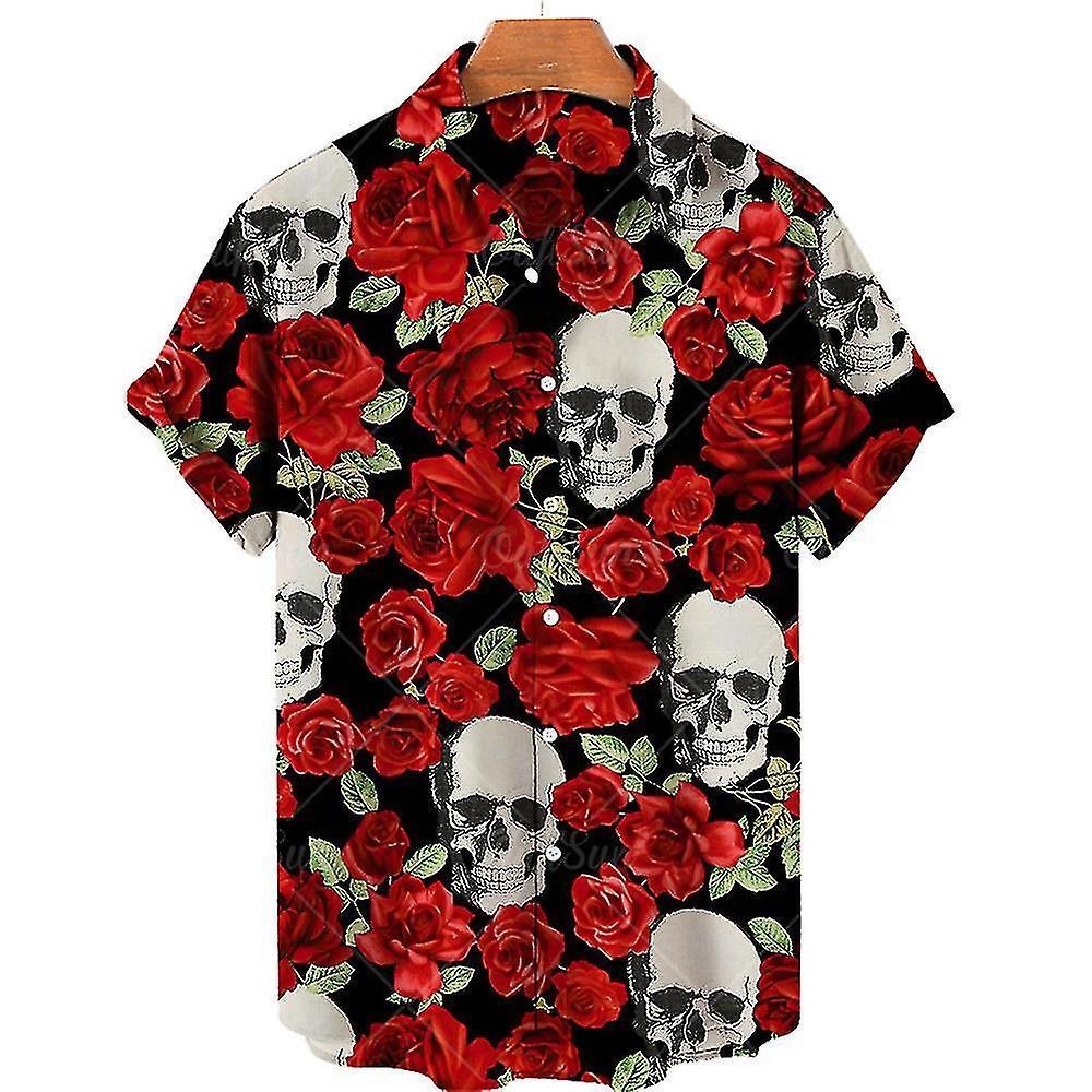 Youte Men's Flower Short Sleeve Hawaiian Shirt, Men's Casual Skull T-shirts COLOR 5 3XL