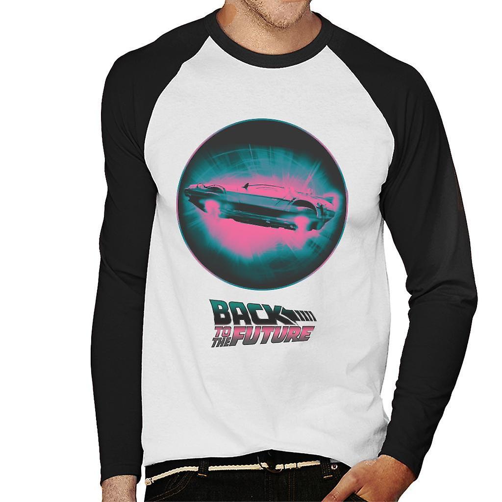 Back to the Future Delorean Flying Pink Haze Men's Baseball Long Sleeved T-Shirt White/Black Large