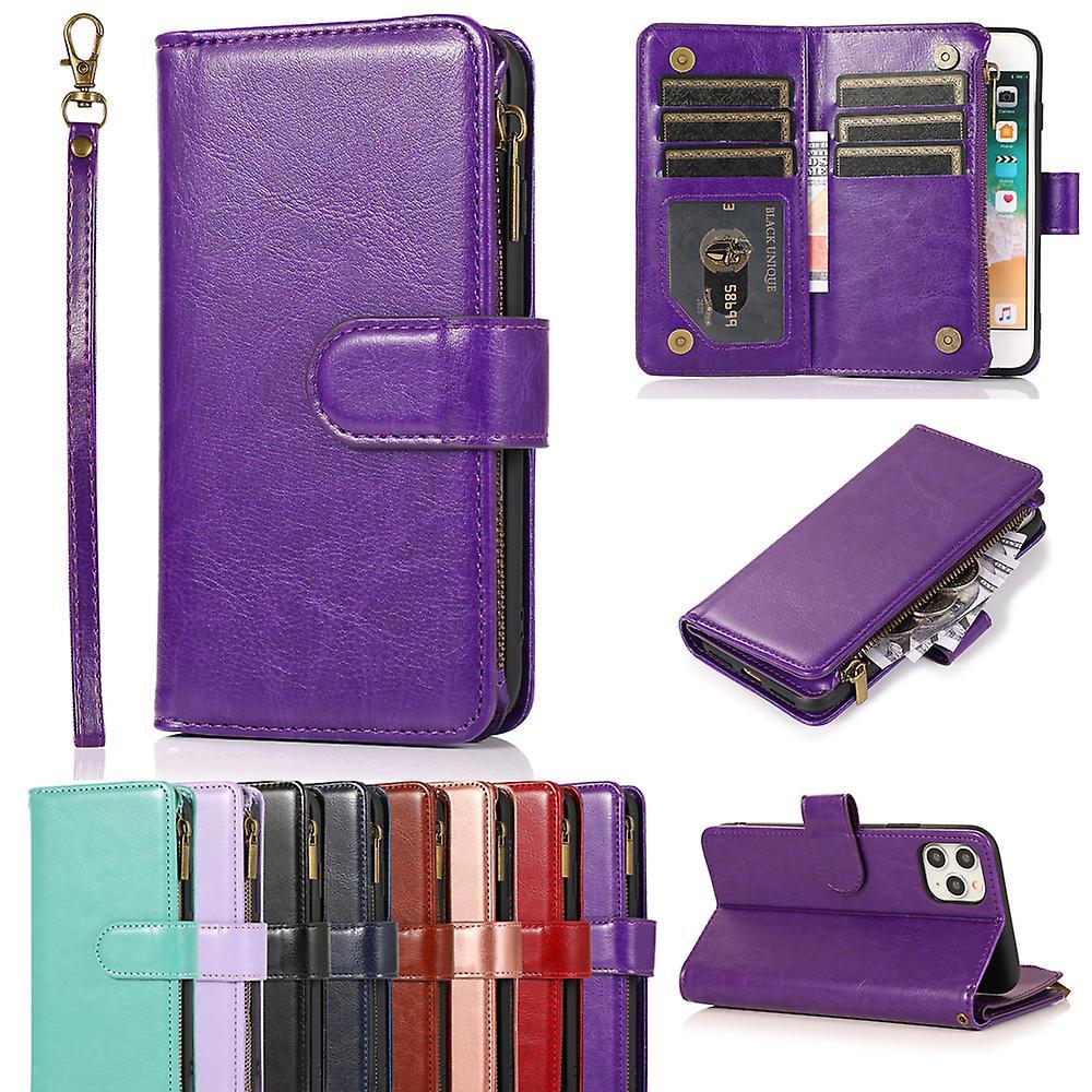 Darmowade Wallet Case For Iphone 12 Zipper Purse With 9 Card Holder Slot Wristlet Stand Magnetic Flip Leather Case Cover Purple