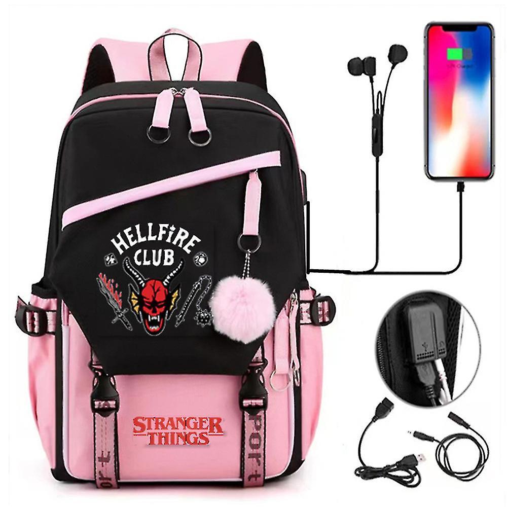 Lequeen Stranger Things Hellfire Club School Backpack Large Capacity Rucksack Usb Charging Travel Bag C