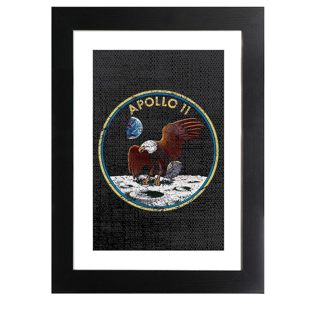 NASA Apollo 11 Mission Badge Distressed Framed Print Black 39 x 52 cm