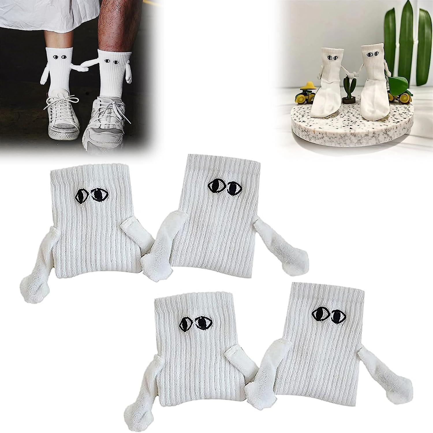 Wtowin 2 Pair Funny Magnetic Suction 3d Doll Couple Sock Holding Hand Sock For Couple, Sports Sock For Couple all white