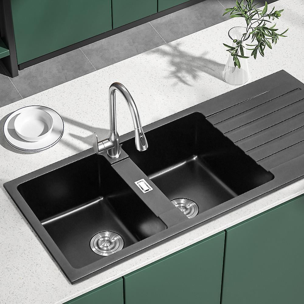 Living And Home Kitchen Sink Quartz Undermount Double Bowl Kitchen Sink with Drainboard Black