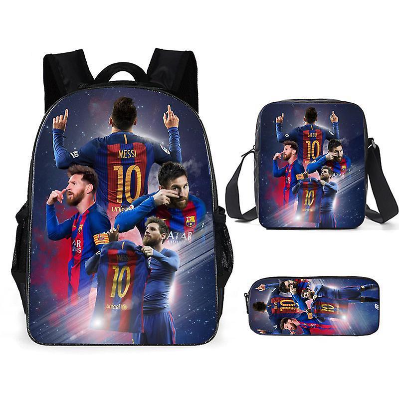 Sszfv Football Star Messi Printed Backpack Three-piece Set Children's Schoolbag Primary School Students Cartoon Backpack