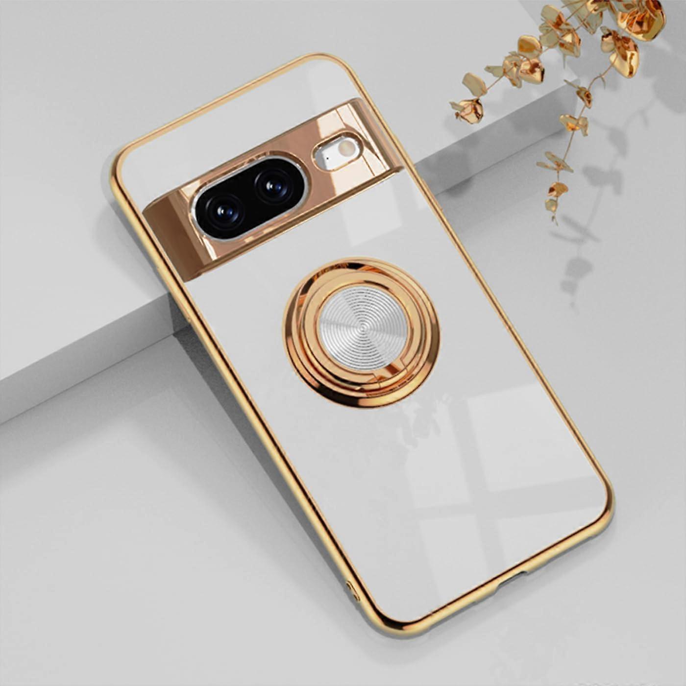 Unbrand Electroplated TPU Silicone Shockproof Case for Google Pixel 8 Pro/Pixel 8 with 360 Rotating Ring Stand White