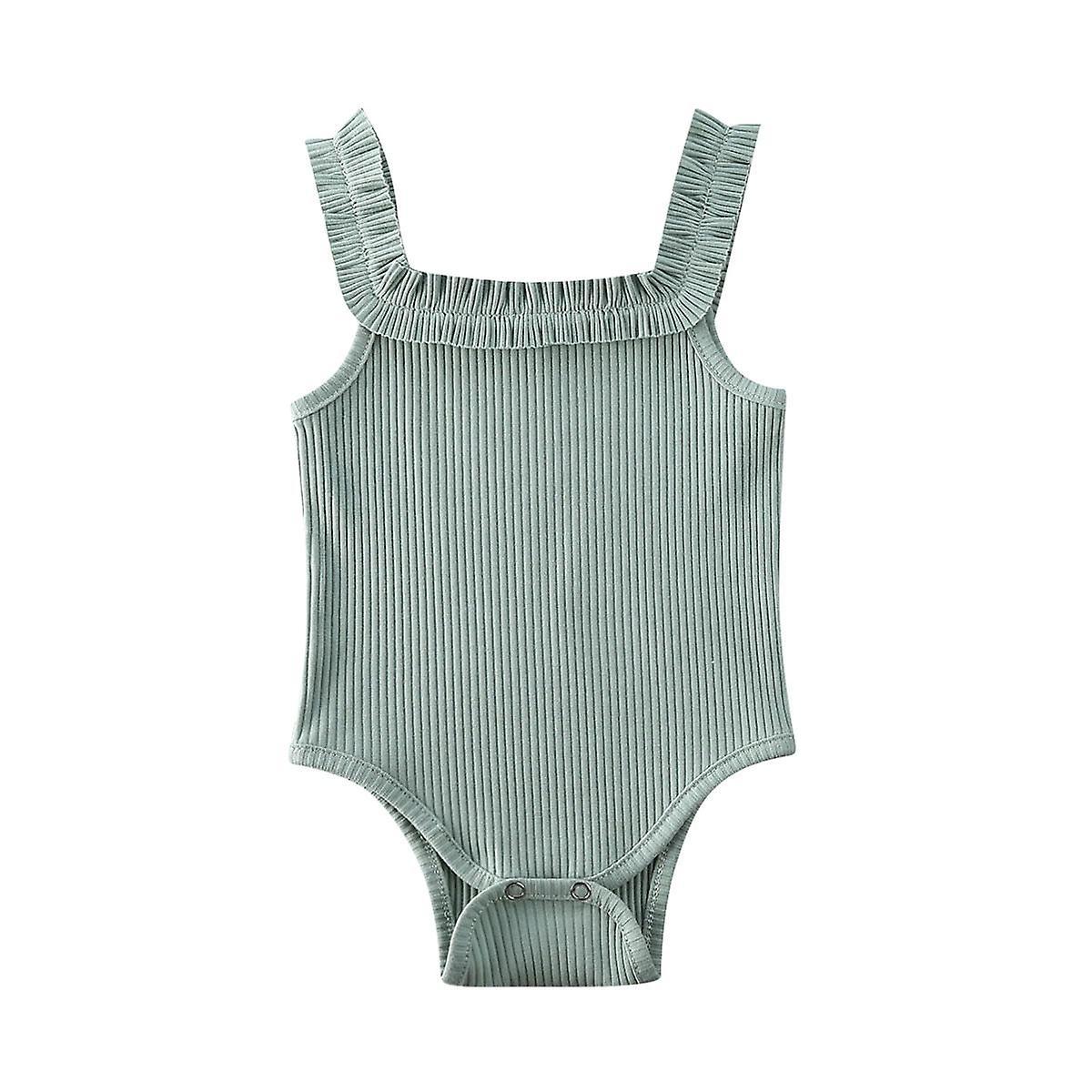 Slowmoose Baby Summer Clothing, Newborn Sleeveless Cotton Bodysuit, Ribbed Ruffled Green 24M