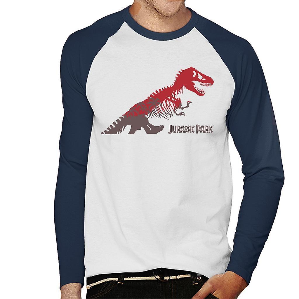 Jurassic Park T Rex Red Skeleton Silhouette Men's Baseball Long Sleeved T-Shirt White/Navy Small