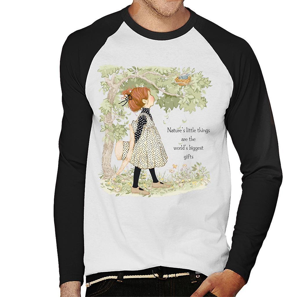 Holly Hobbie Natures Little Things Dark Text Men's Baseball Long Sleeved T-Shirt White/Black Small