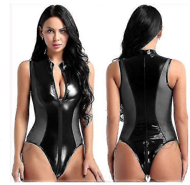 Snniv Plus Size Women Hollow Out Underwear Porno Corsets Backless Latex Leather Sexy Lingerie V Neck Teddies Bodysuit-3 L